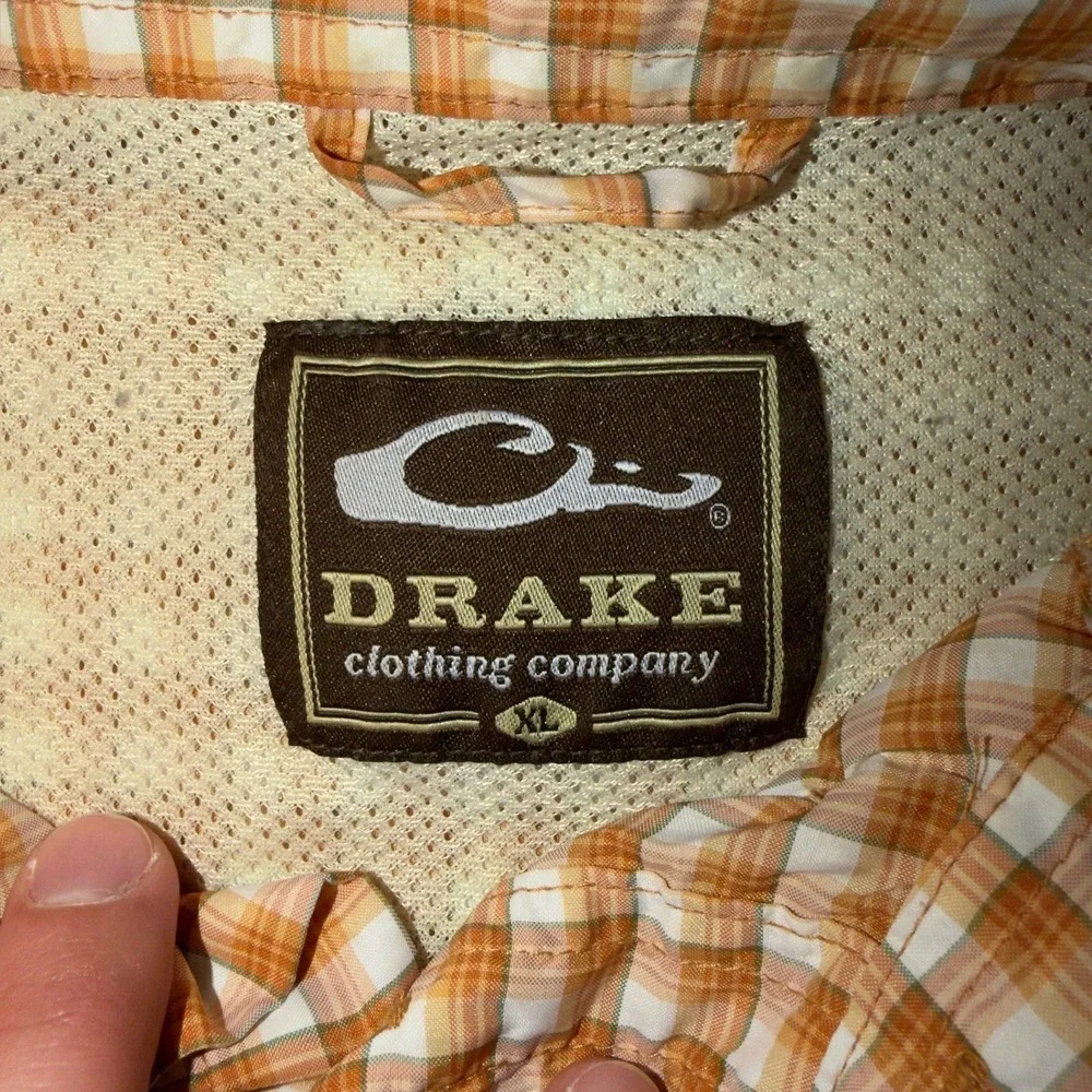Drake Clothing Company Mens XL Orange Plaid Short Sleeve Vented Fishing Shirt